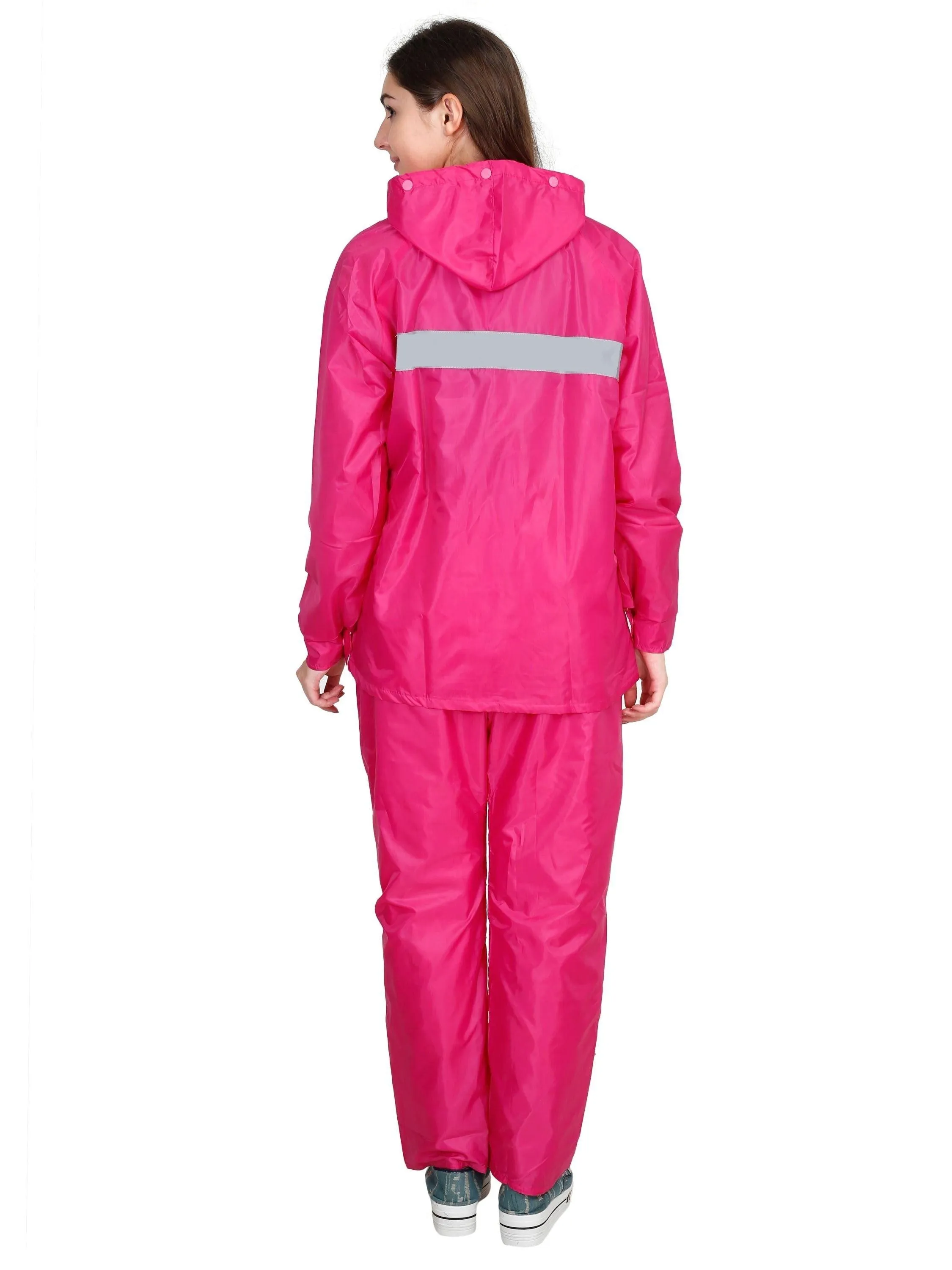 FabSeasons Waterproof Pink Raincoat for women -Adjustable Hood & Reflector at back for Night visibility