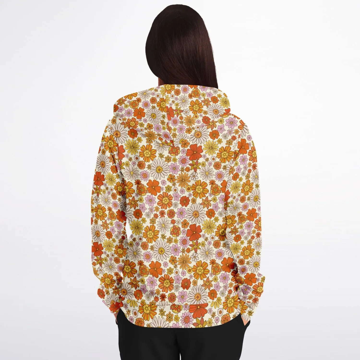 Groovy Flowers Zip Up Hoodie, Vintage Floral 70s Orange Zipper Pocket Men Women Unisex Adult Aesthetic Cotton Fleece Hooded Sweatshirt