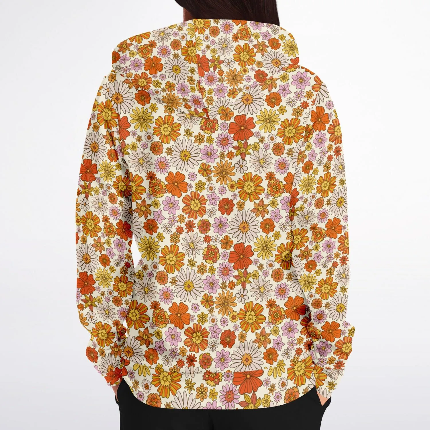 Groovy Flowers Zip Up Hoodie, Vintage Floral 70s Orange Zipper Pocket Men Women Unisex Adult Aesthetic Cotton Fleece Hooded Sweatshirt