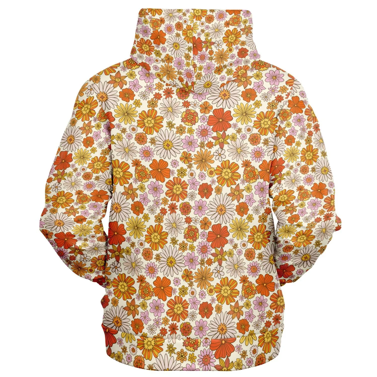 Groovy Flowers Zip Up Hoodie, Vintage Floral 70s Orange Zipper Pocket Men Women Unisex Adult Aesthetic Cotton Fleece Hooded Sweatshirt