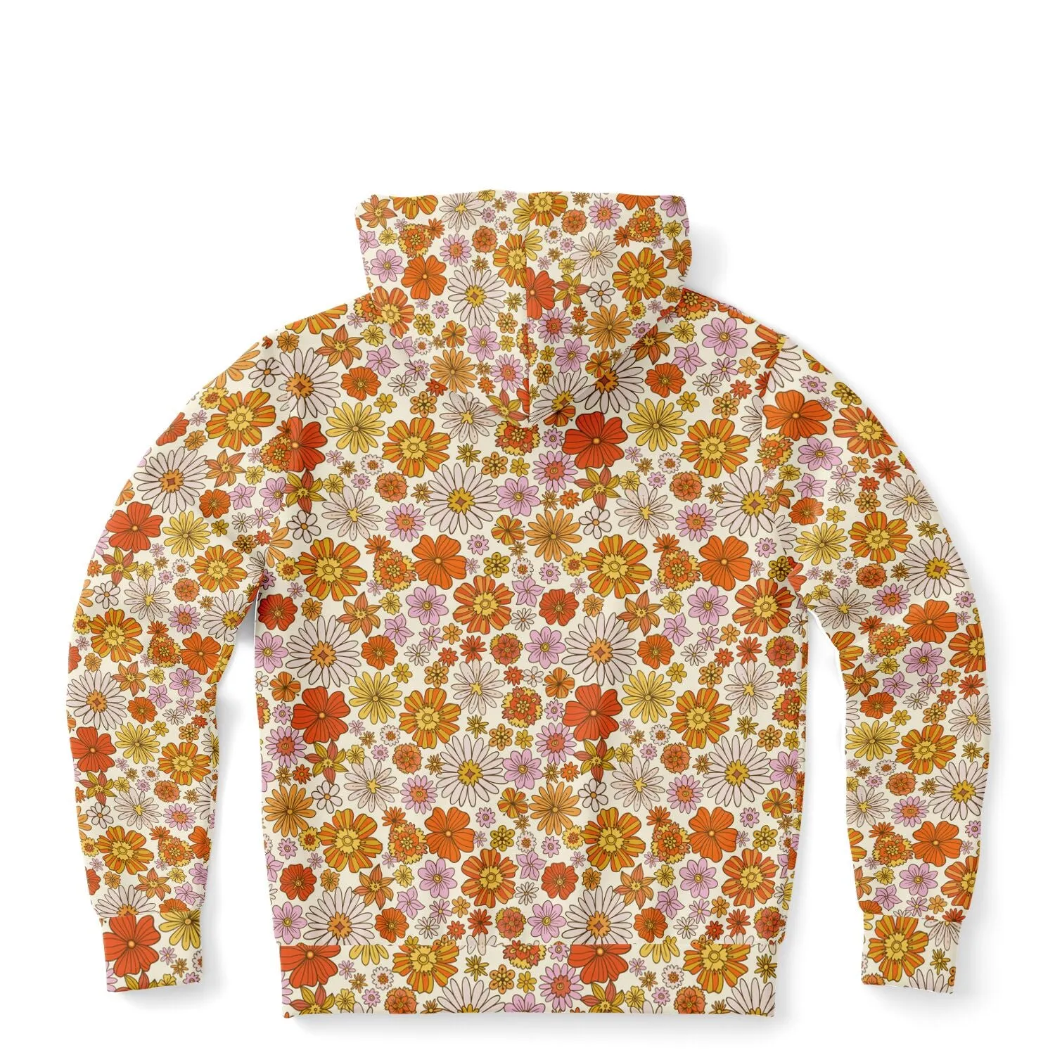 Groovy Flowers Zip Up Hoodie, Vintage Floral 70s Orange Zipper Pocket Men Women Unisex Adult Aesthetic Cotton Fleece Hooded Sweatshirt