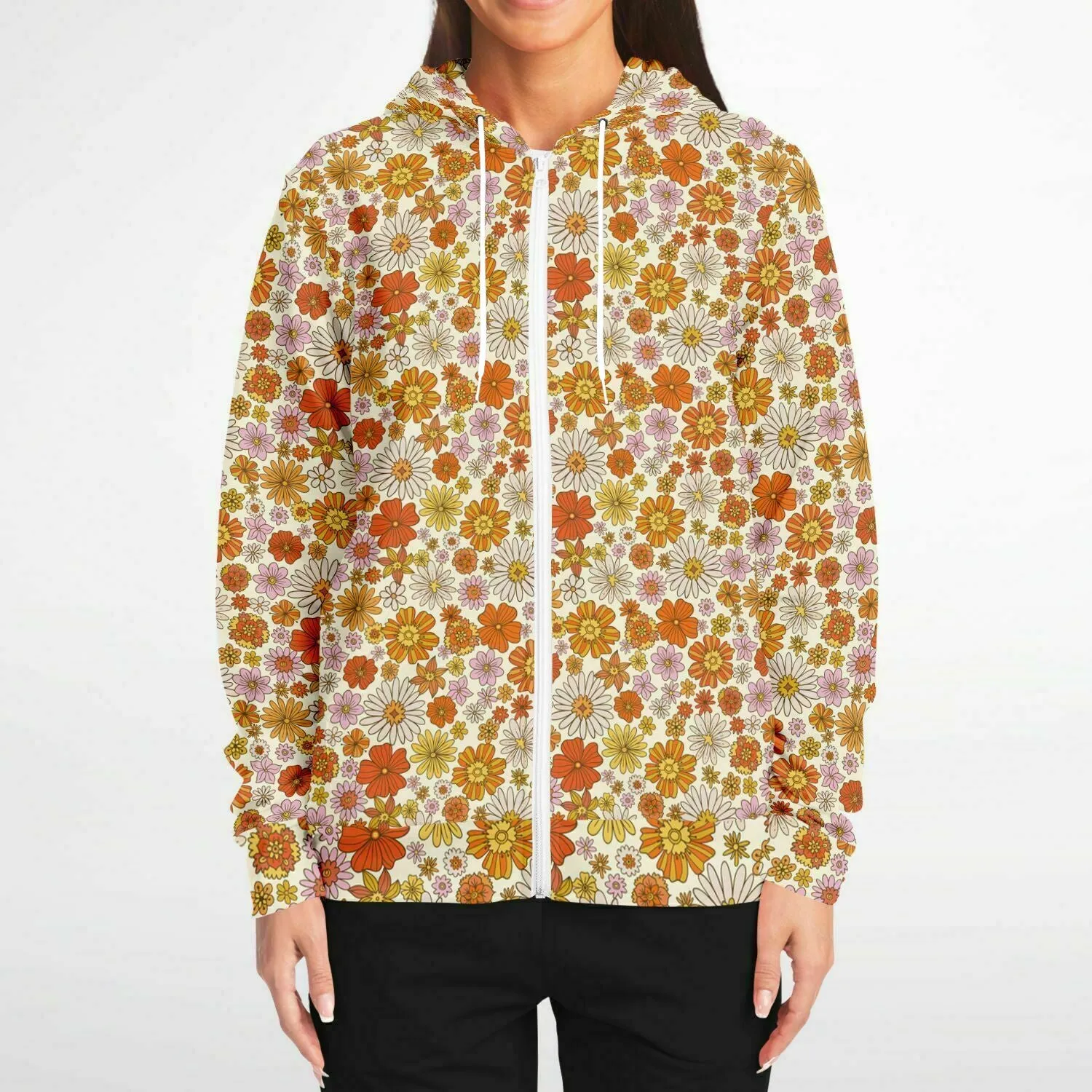 Groovy Flowers Zip Up Hoodie, Vintage Floral 70s Orange Zipper Pocket Men Women Unisex Adult Aesthetic Cotton Fleece Hooded Sweatshirt