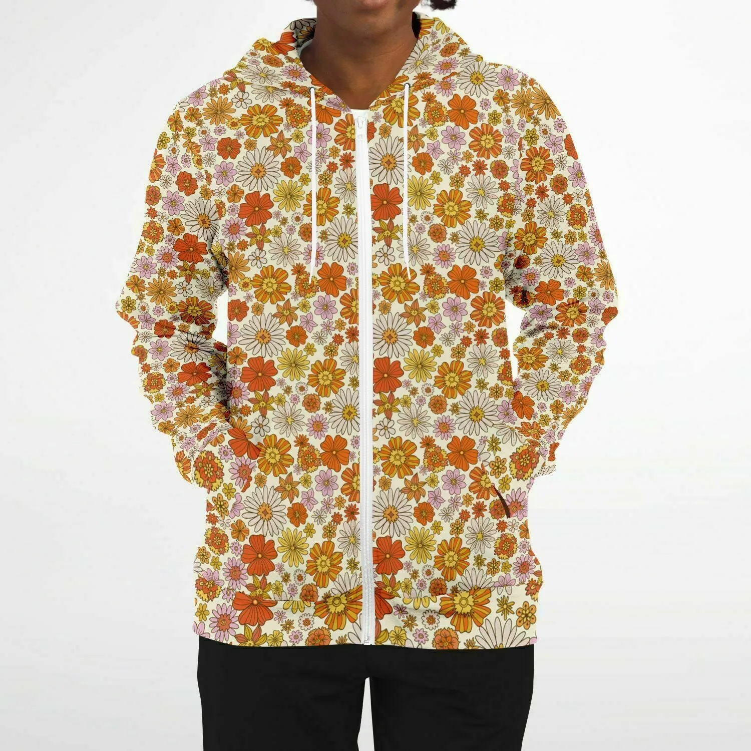 Groovy Flowers Zip Up Hoodie, Vintage Floral 70s Orange Zipper Pocket Men Women Unisex Adult Aesthetic Cotton Fleece Hooded Sweatshirt