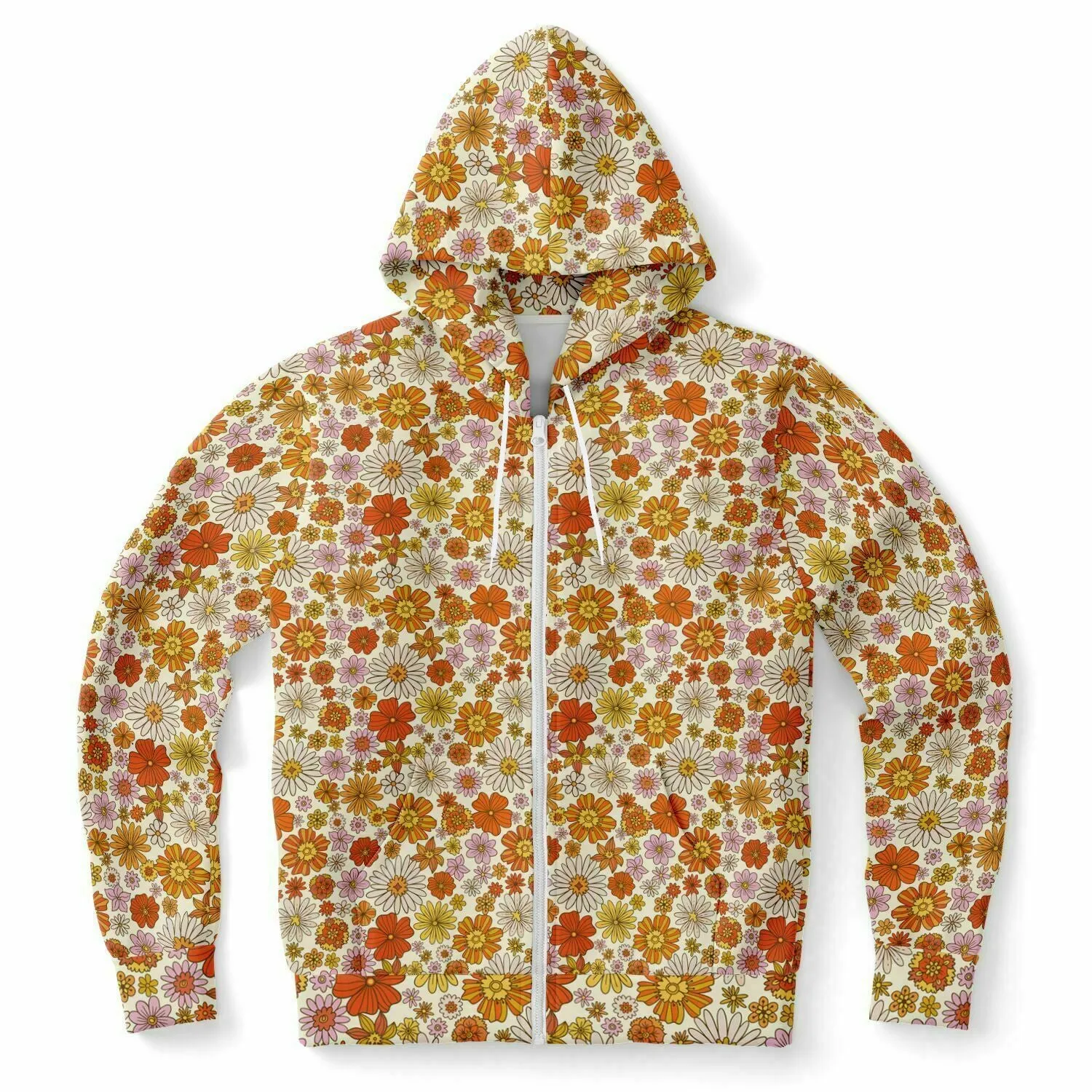 Groovy Flowers Zip Up Hoodie, Vintage Floral 70s Orange Zipper Pocket Men Women Unisex Adult Aesthetic Cotton Fleece Hooded Sweatshirt