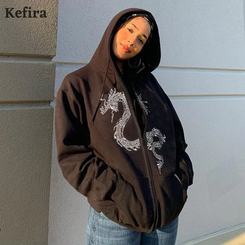 Joskaa Christmas Gift Kefira 2024 Black Long Sleeve Goth Zip Up Hoodies Women Autumn Winter Butterfly Diamond Street Harajuku Hooded Jacket Sweatshirt