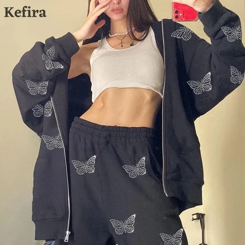 Joskaa Christmas Gift Kefira 2024 Black Long Sleeve Goth Zip Up Hoodies Women Autumn Winter Butterfly Diamond Street Harajuku Hooded Jacket Sweatshirt