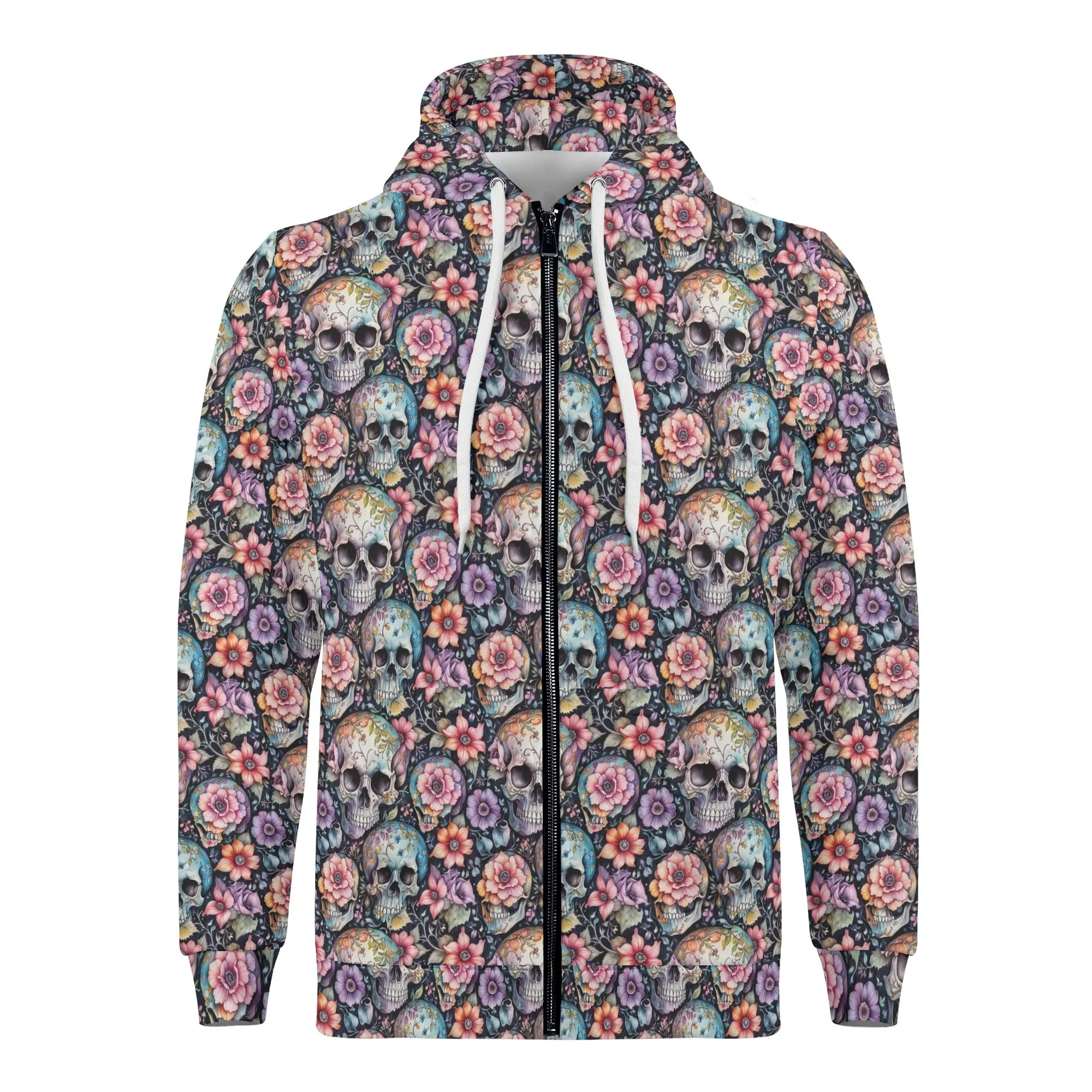 Mens Pastel Floral and Skulls Classic Zip Up Hoodie Warm Jacket