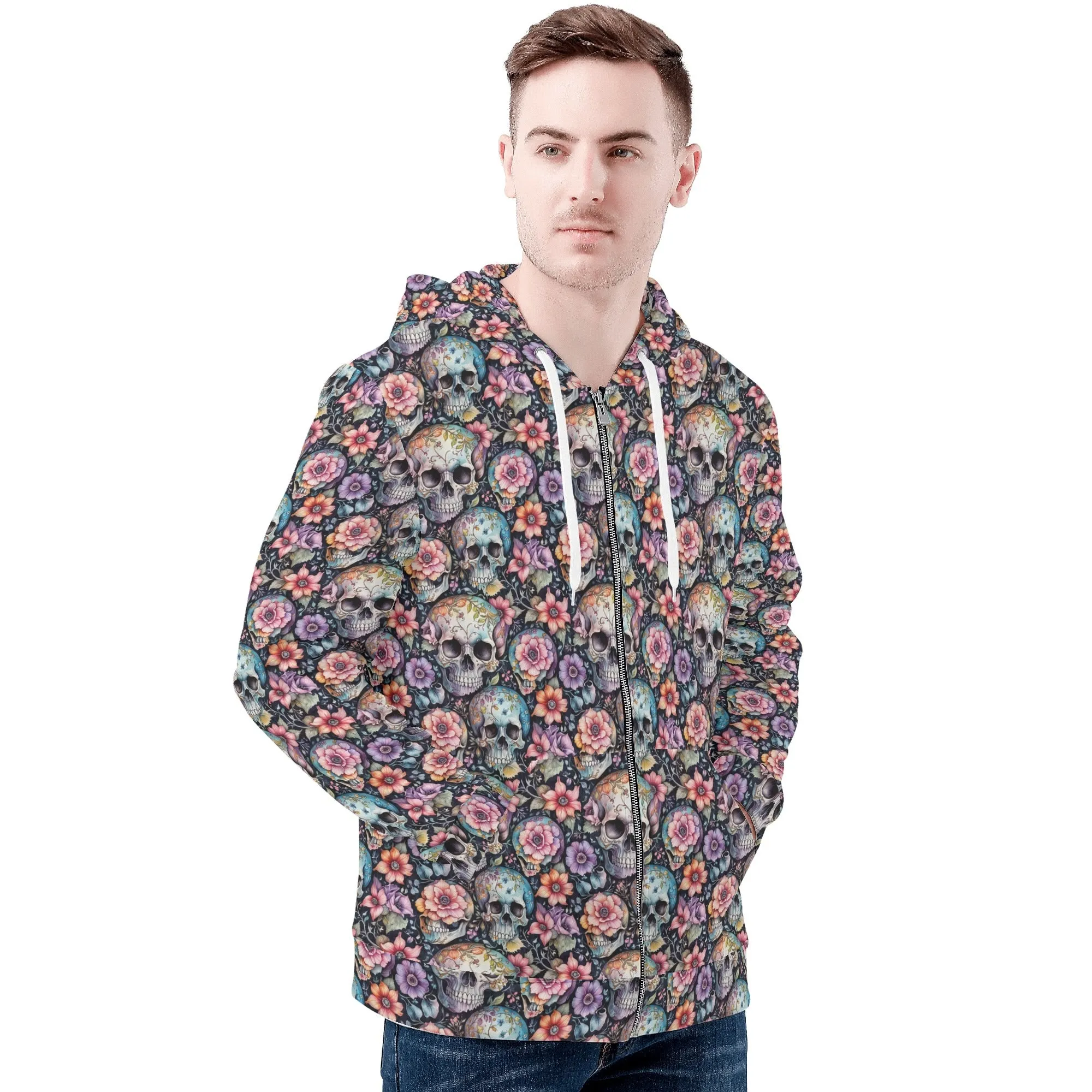 Mens Pastel Floral and Skulls Classic Zip Up Hoodie Warm Jacket