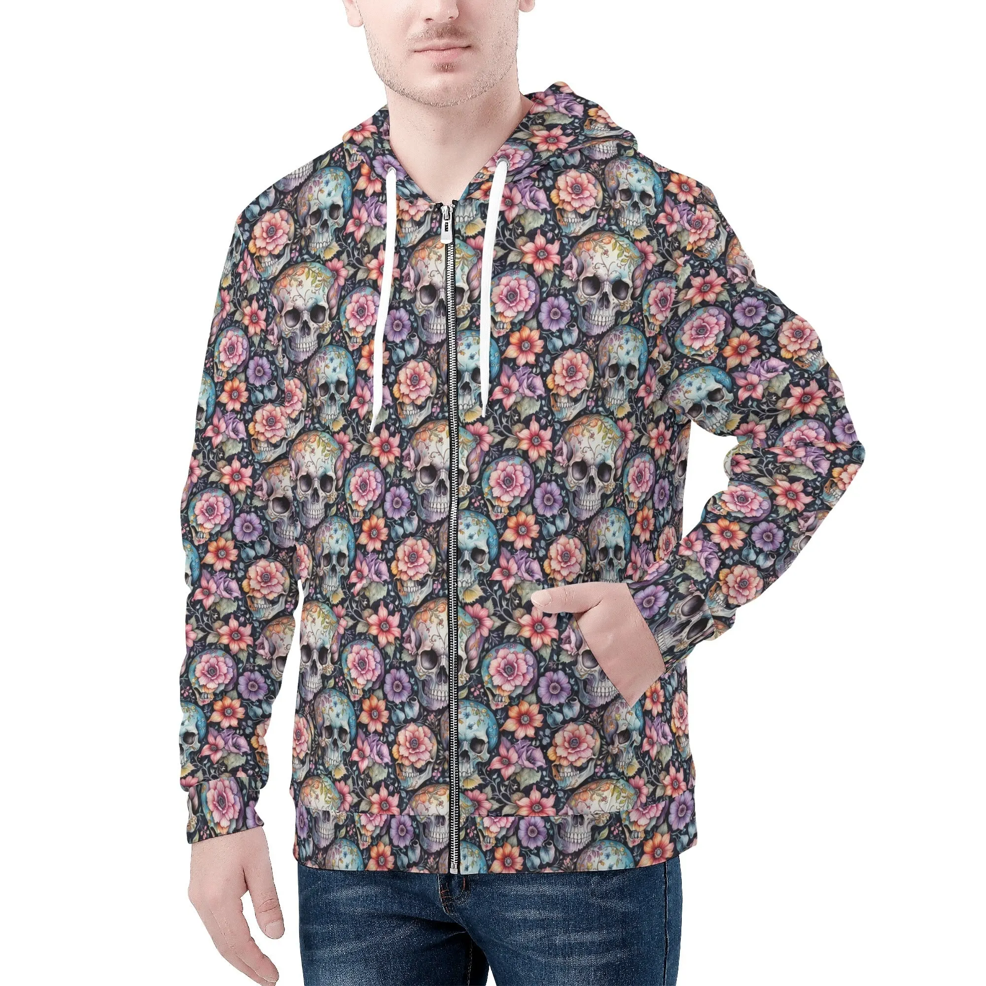 Mens Pastel Floral and Skulls Classic Zip Up Hoodie Warm Jacket