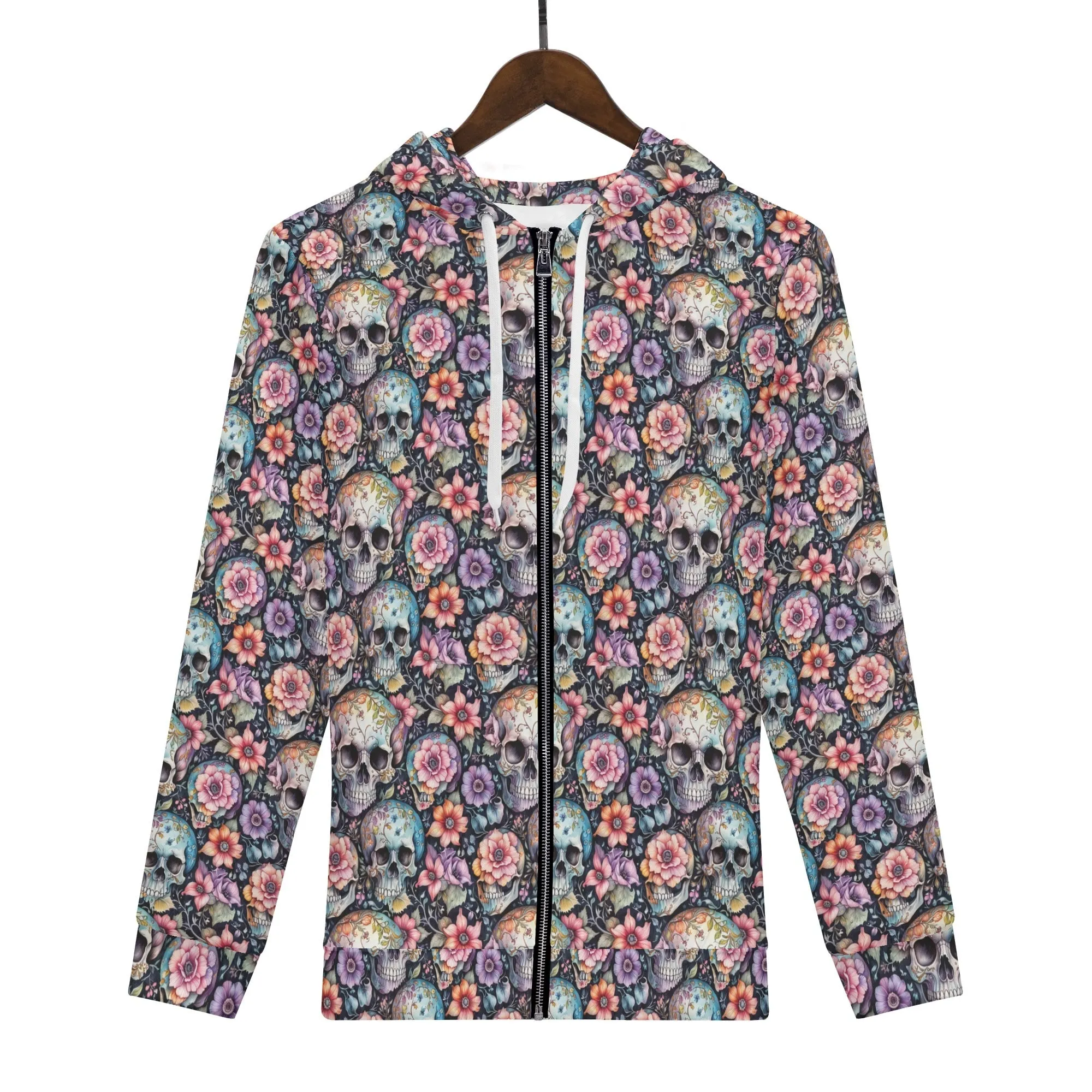 Mens Pastel Floral and Skulls Classic Zip Up Hoodie Warm Jacket