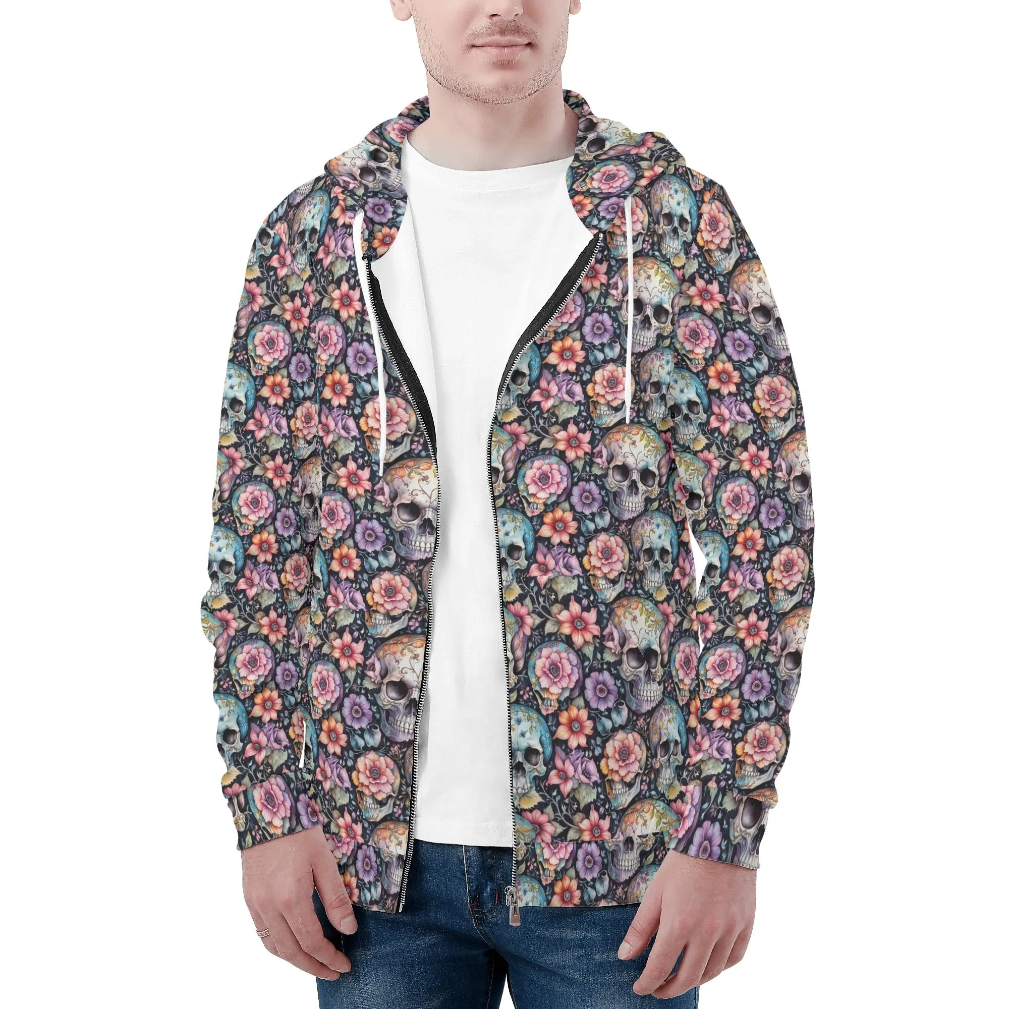 Mens Pastel Floral and Skulls Classic Zip Up Hoodie Warm Jacket