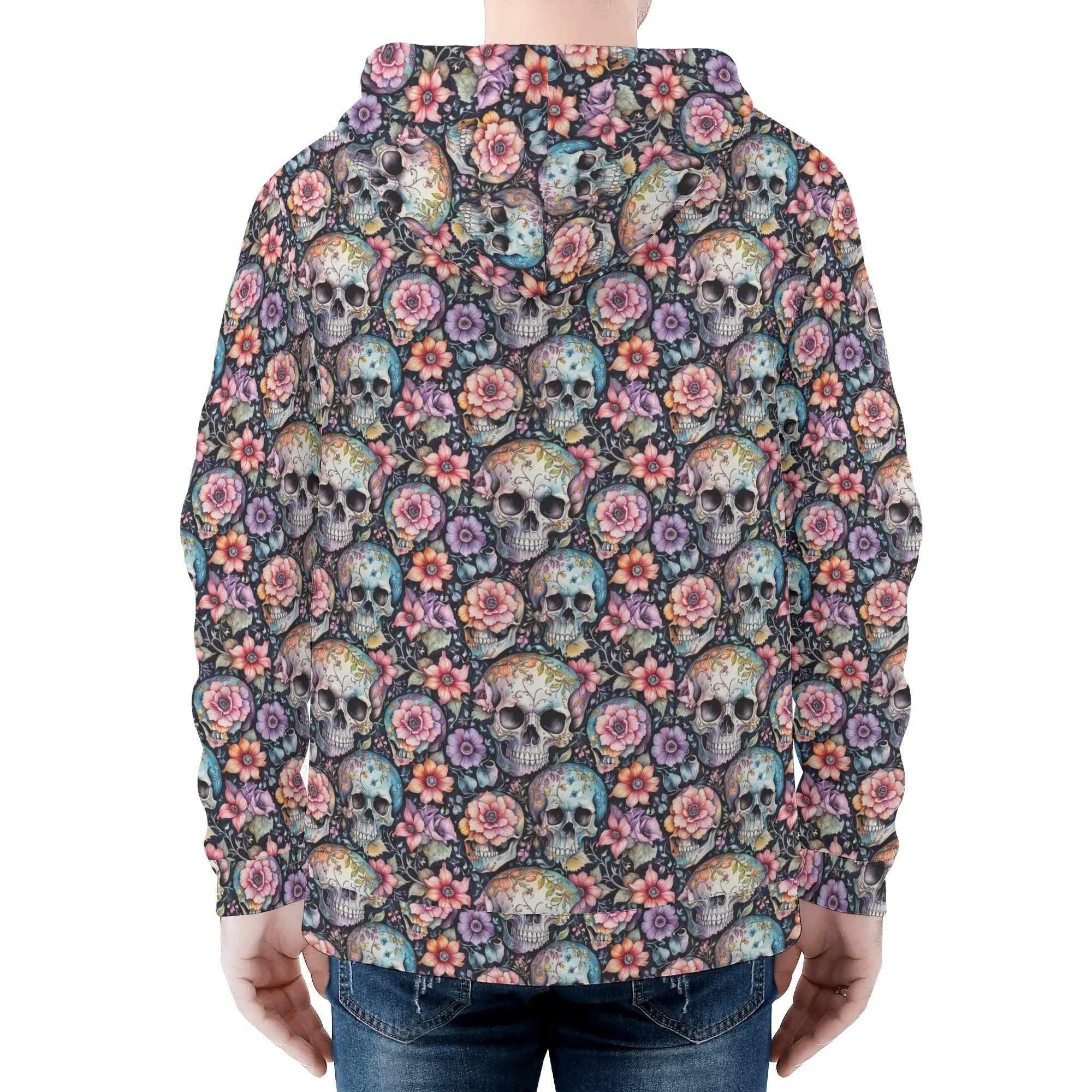 Mens Pastel Floral and Skulls Classic Zip Up Hoodie Warm Jacket