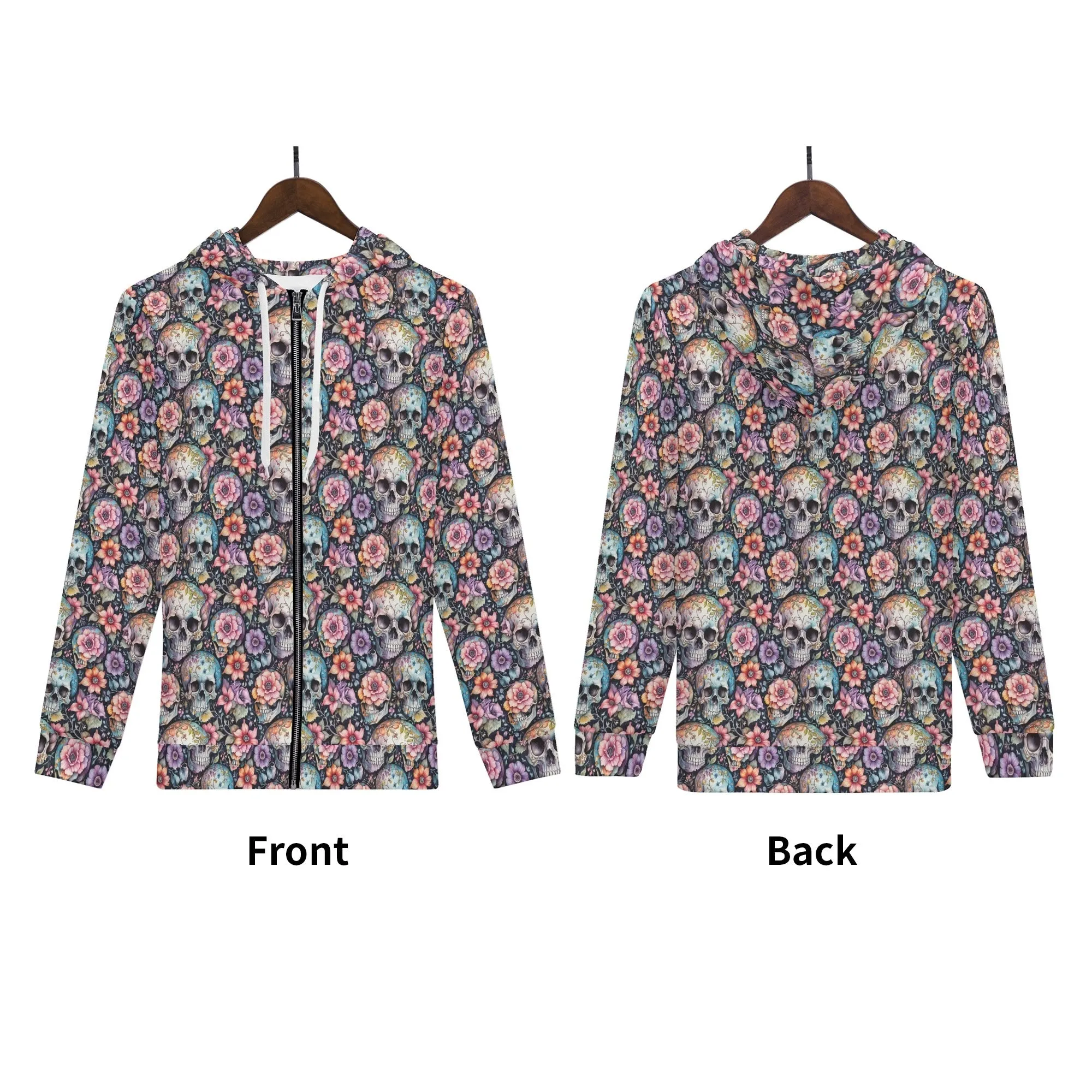 Mens Pastel Floral and Skulls Classic Zip Up Hoodie Warm Jacket