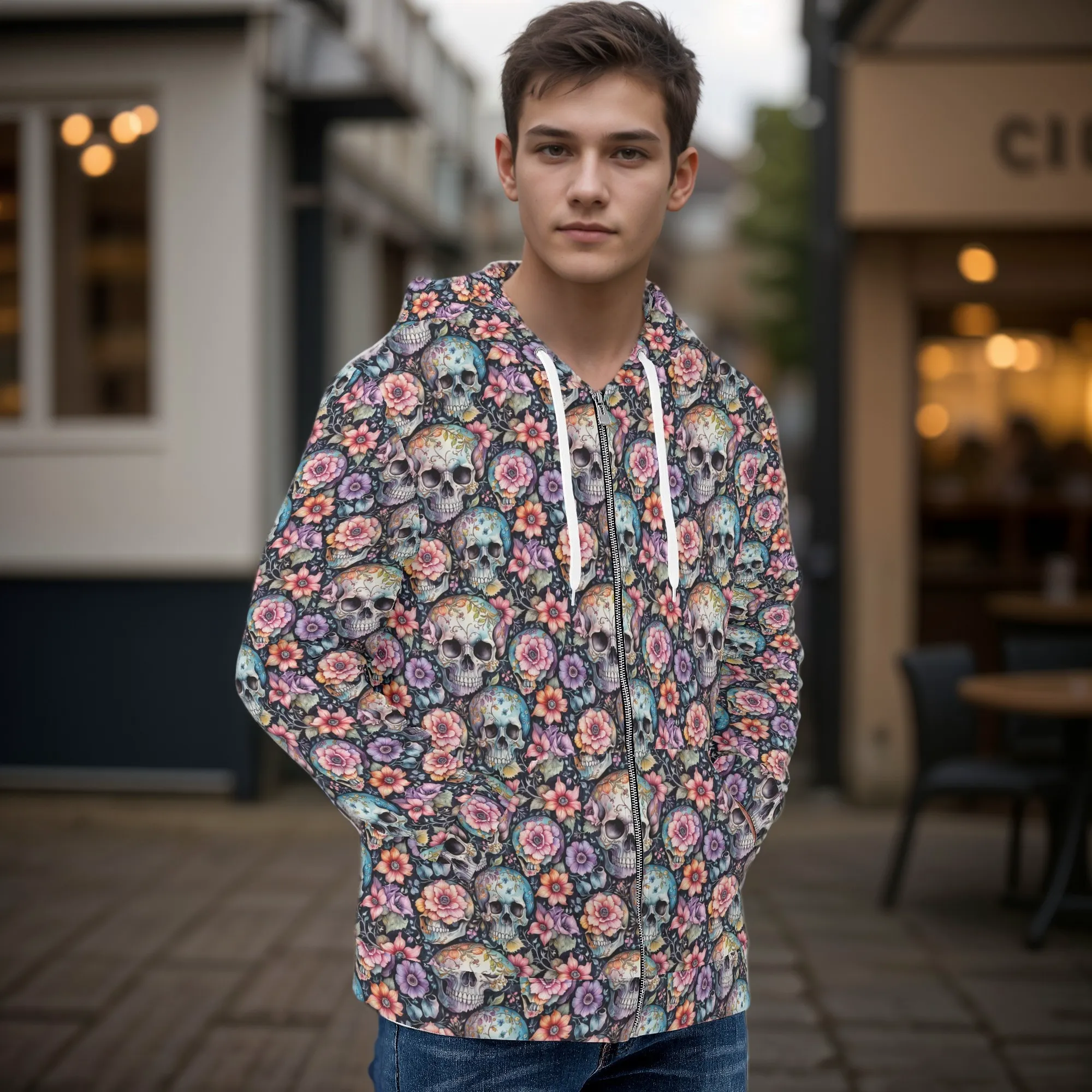 Mens Pastel Floral and Skulls Classic Zip Up Hoodie Warm Jacket