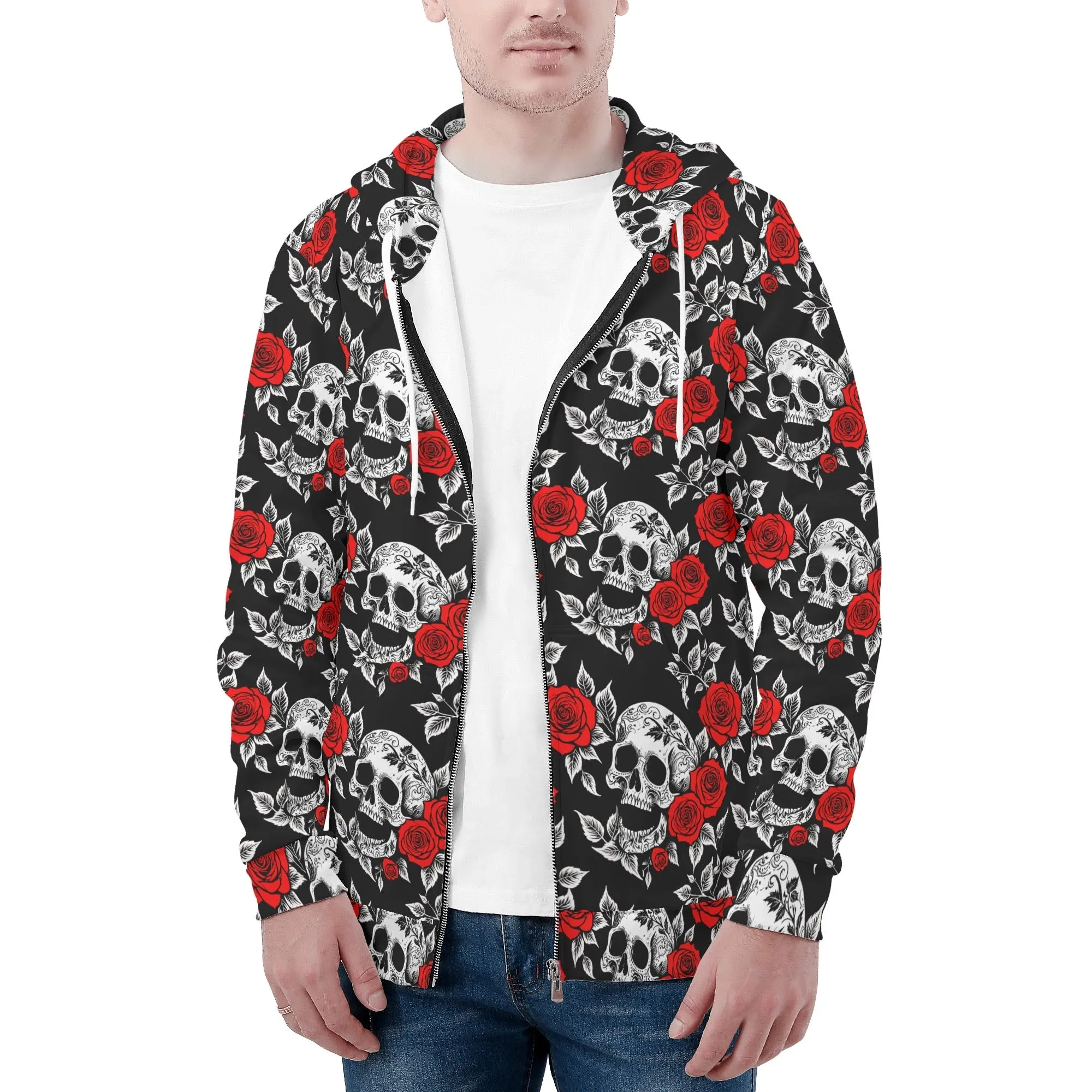 Mens Red Skull Rose Classic Zip Up Hoodie Warm Jacket