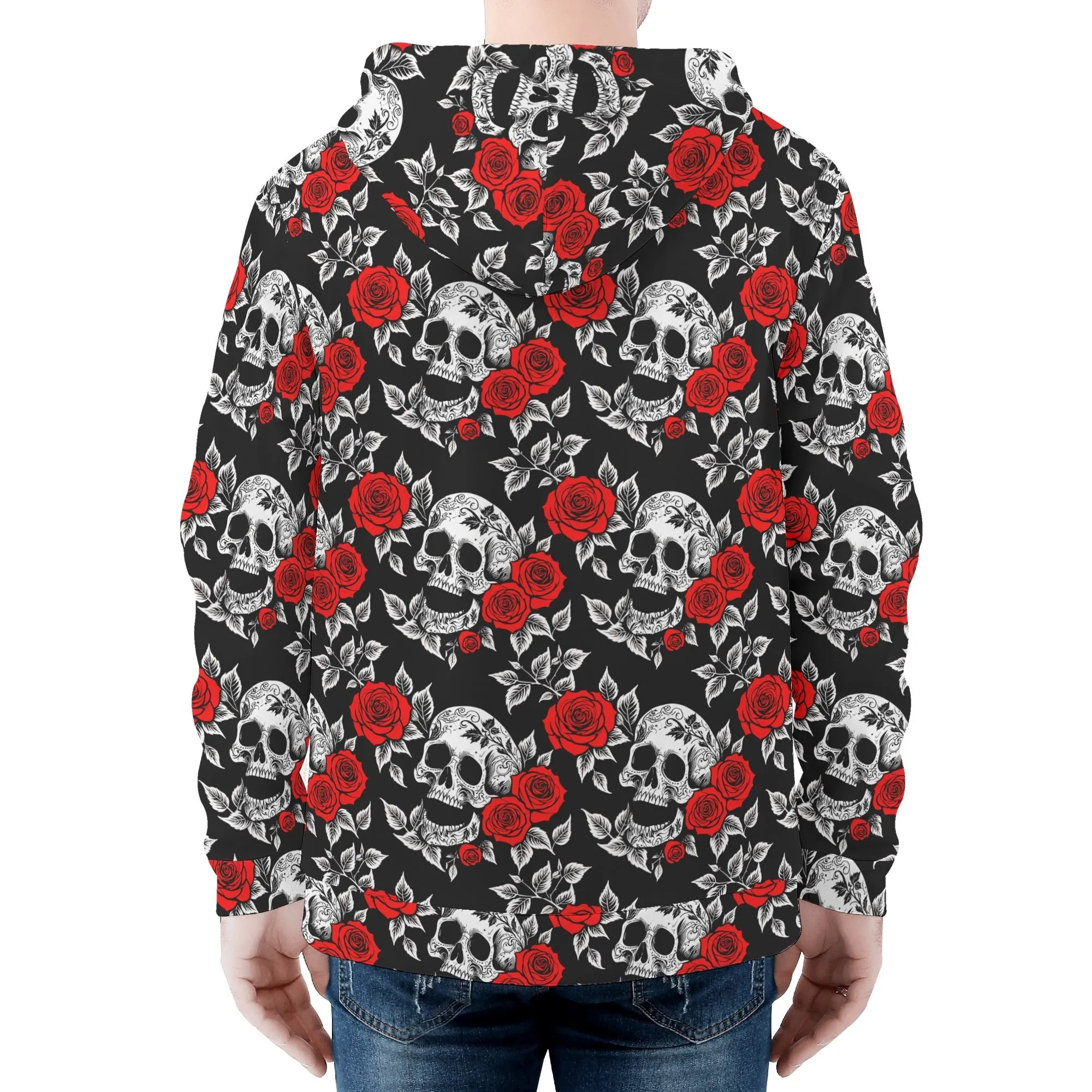 Mens Red Skull Rose Classic Zip Up Hoodie Warm Jacket