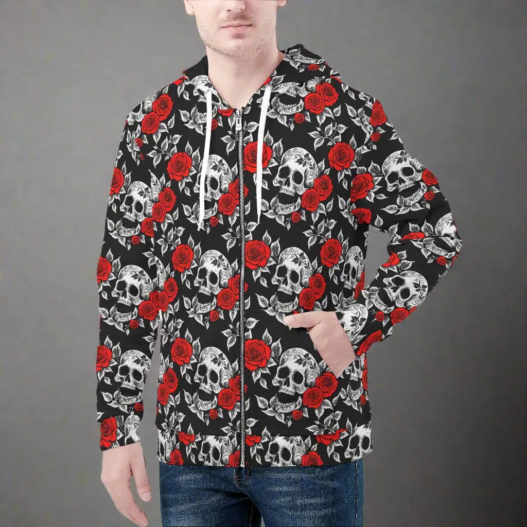 Mens Red Skull Rose Classic Zip Up Hoodie Warm Jacket