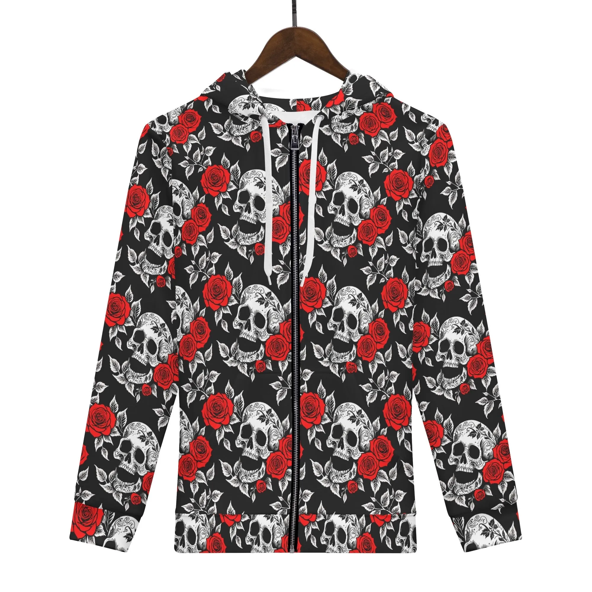 Mens Red Skull Rose Classic Zip Up Hoodie Warm Jacket