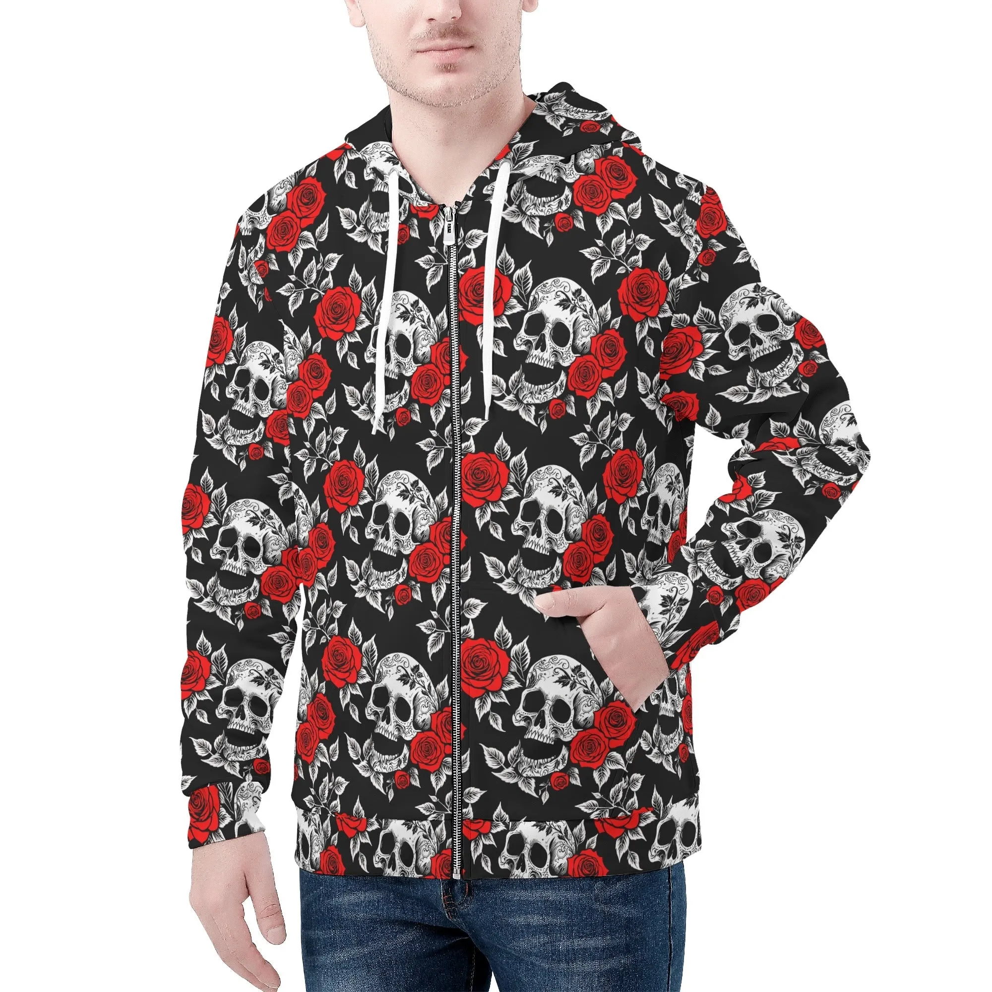 Mens Red Skull Rose Classic Zip Up Hoodie Warm Jacket