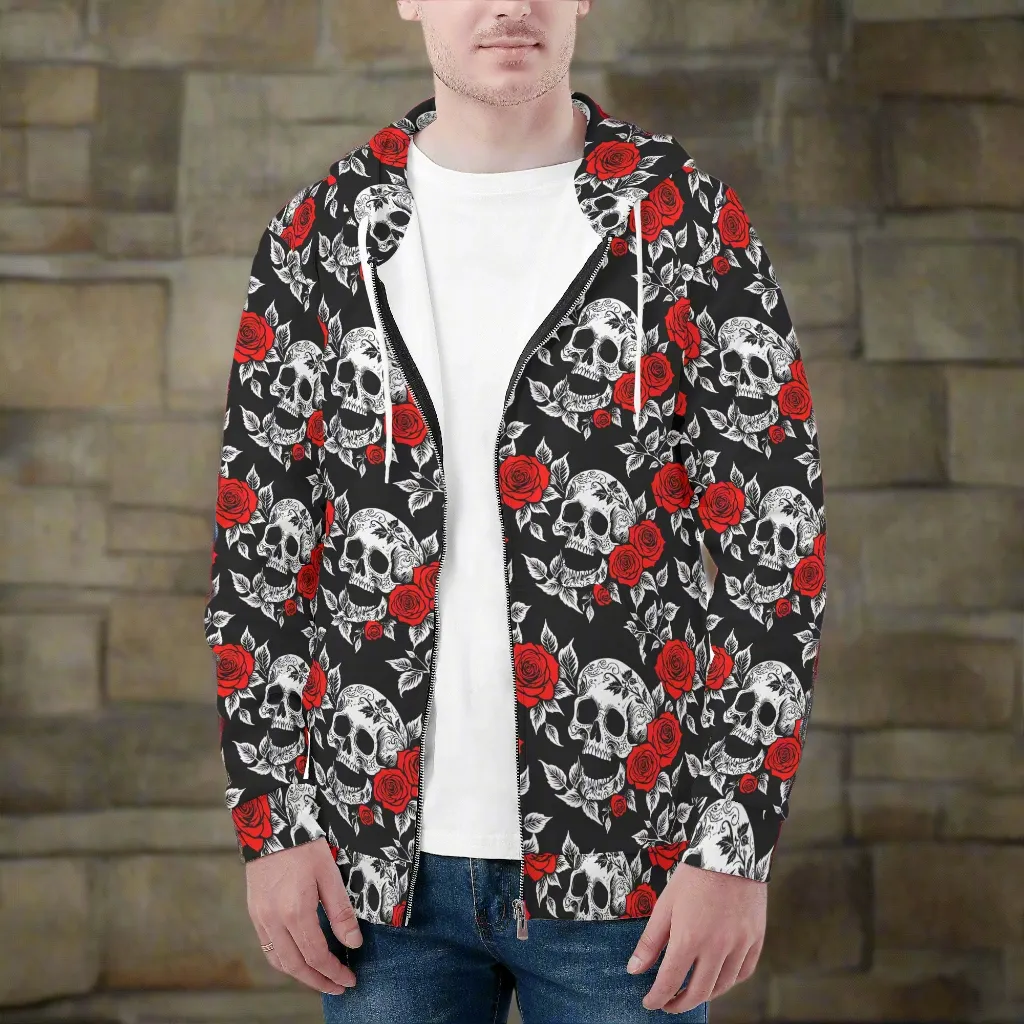 Mens Red Skull Rose Classic Zip Up Hoodie Warm Jacket