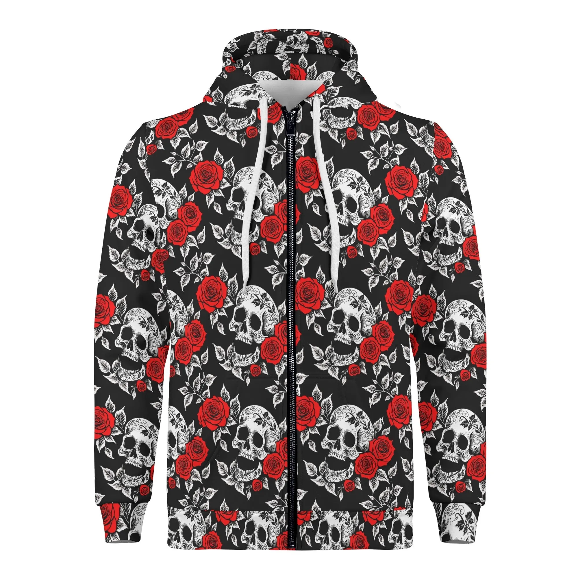 Mens Red Skull Rose Classic Zip Up Hoodie Warm Jacket