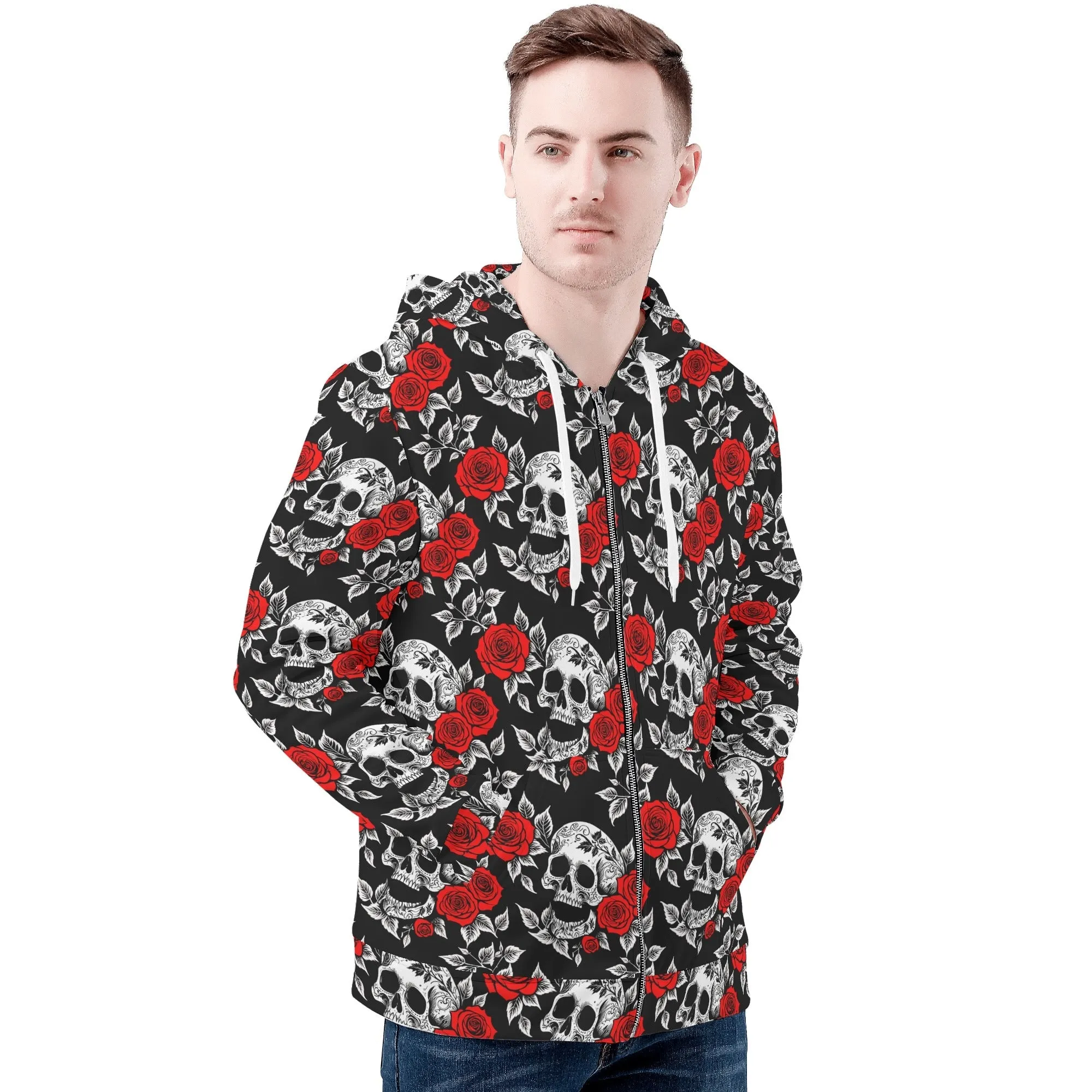 Mens Red Skull Rose Classic Zip Up Hoodie Warm Jacket