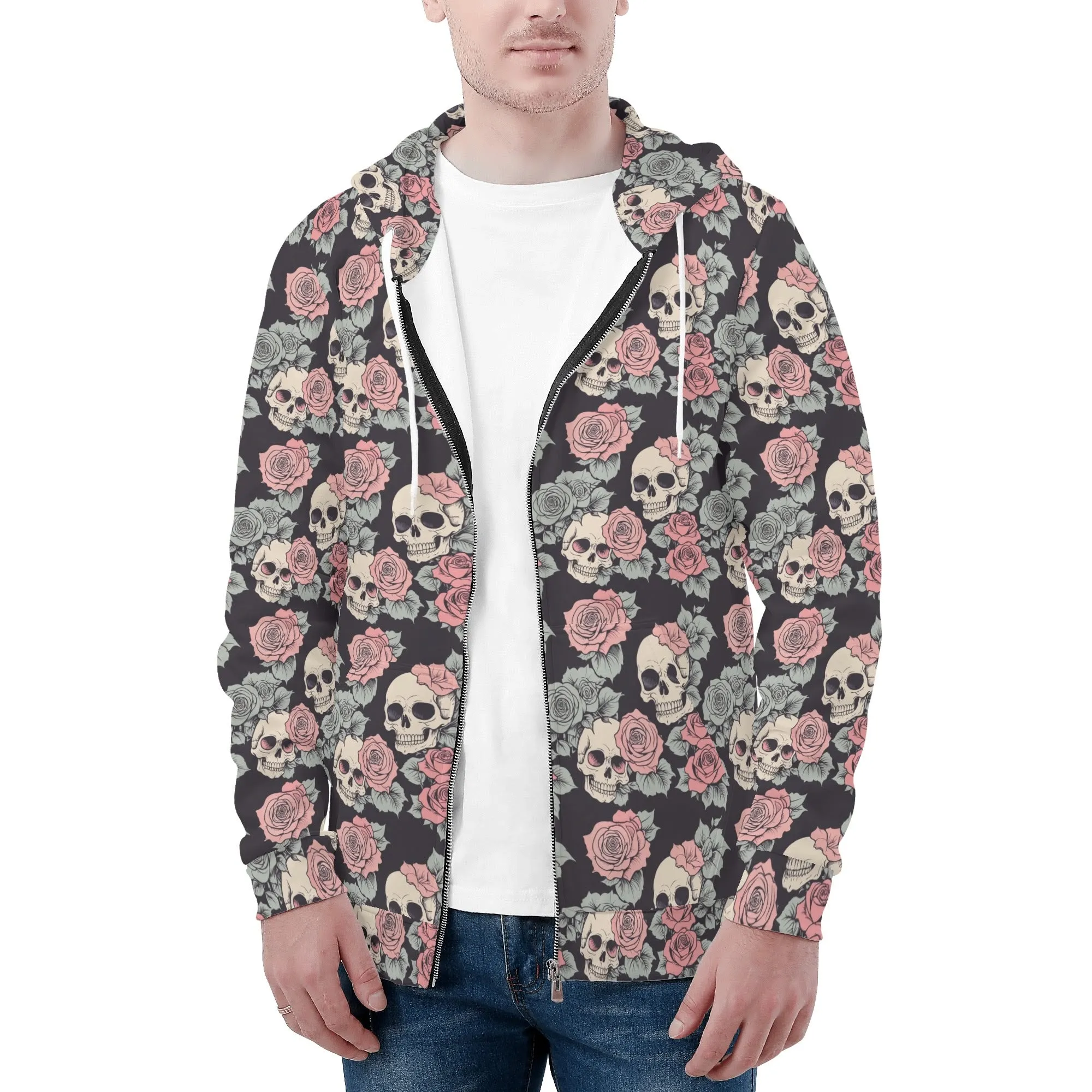 Mens Skull and Pink Rose Classic Zip Up Hoodie Warm Jacket