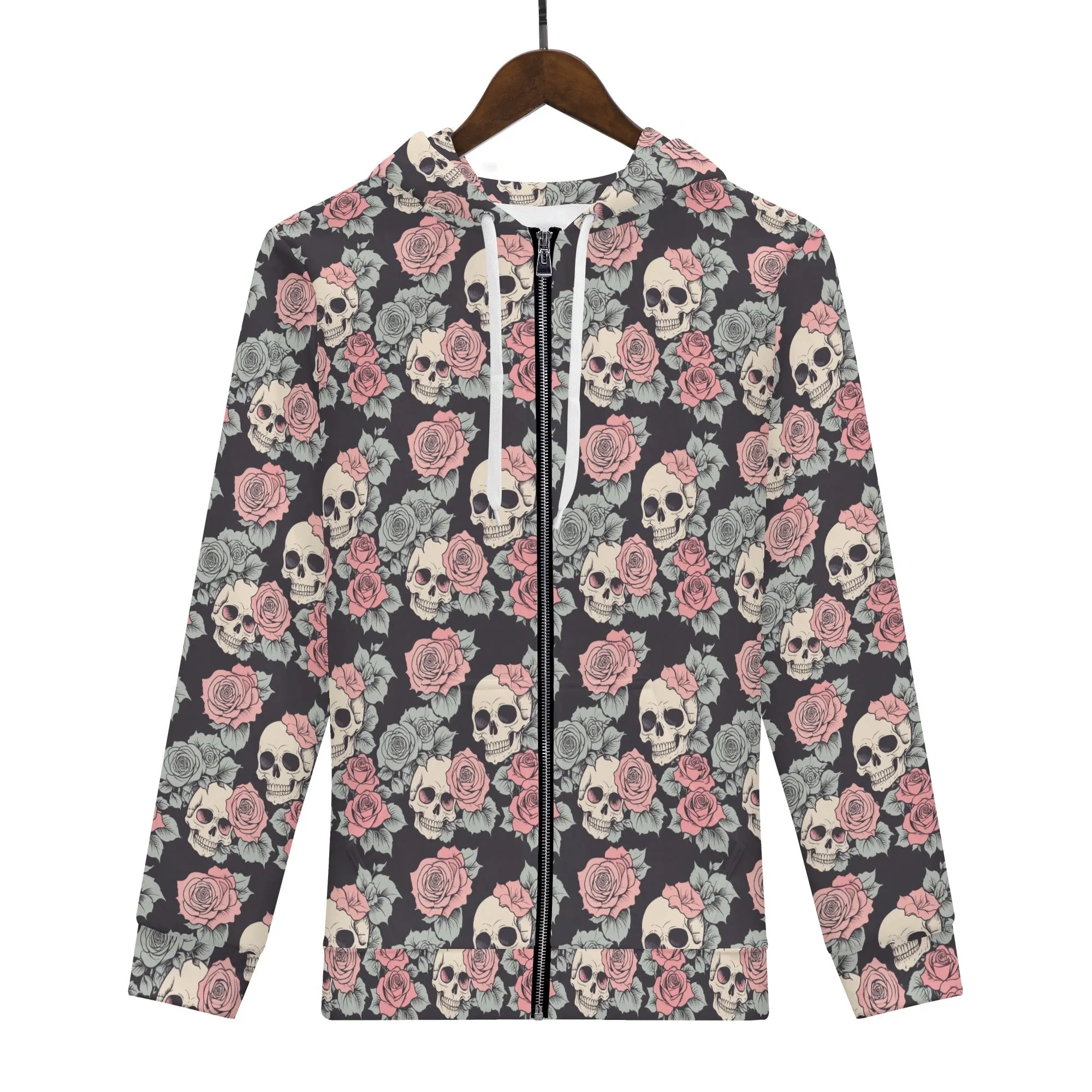 Mens Skull and Pink Rose Classic Zip Up Hoodie Warm Jacket