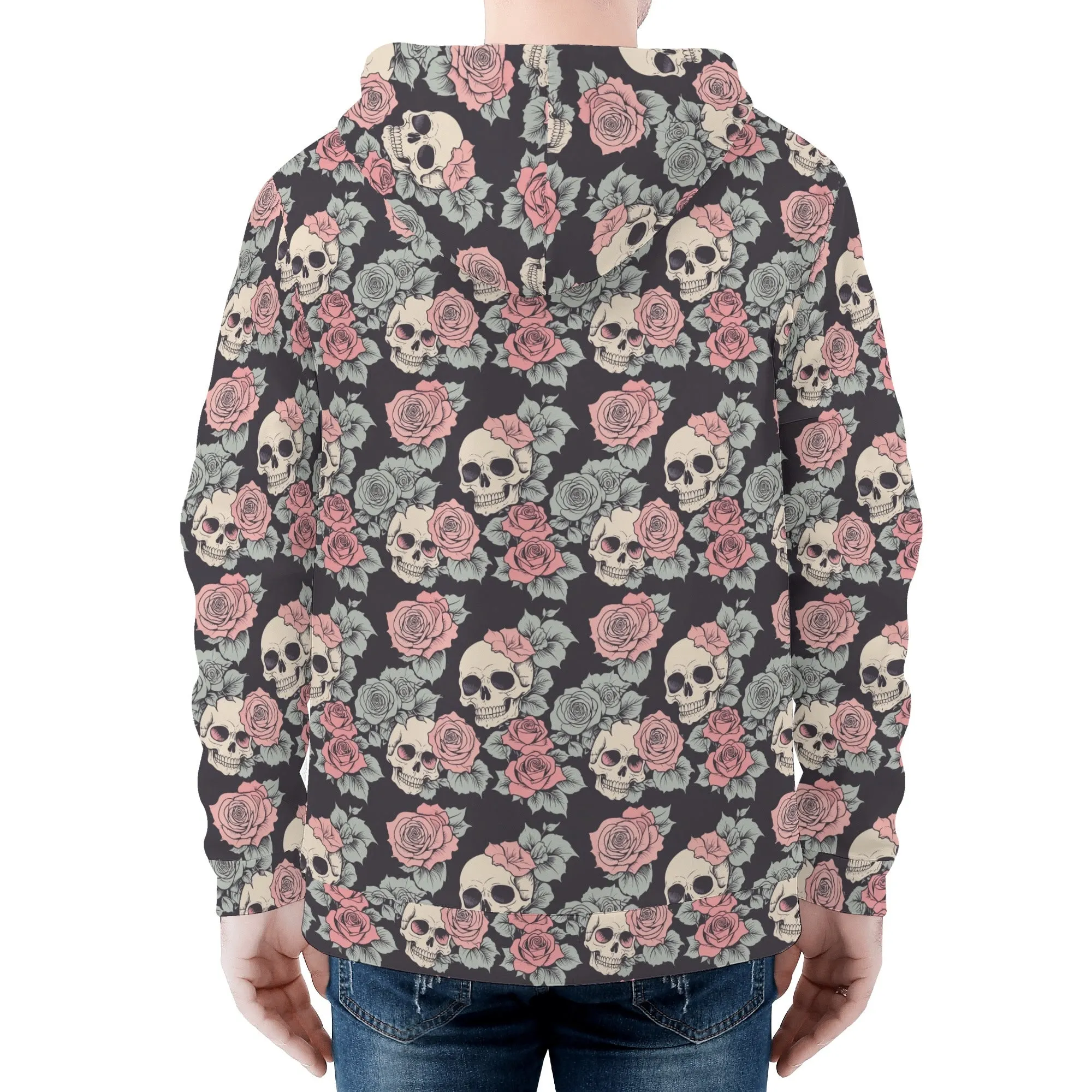 Mens Skull and Pink Rose Classic Zip Up Hoodie Warm Jacket