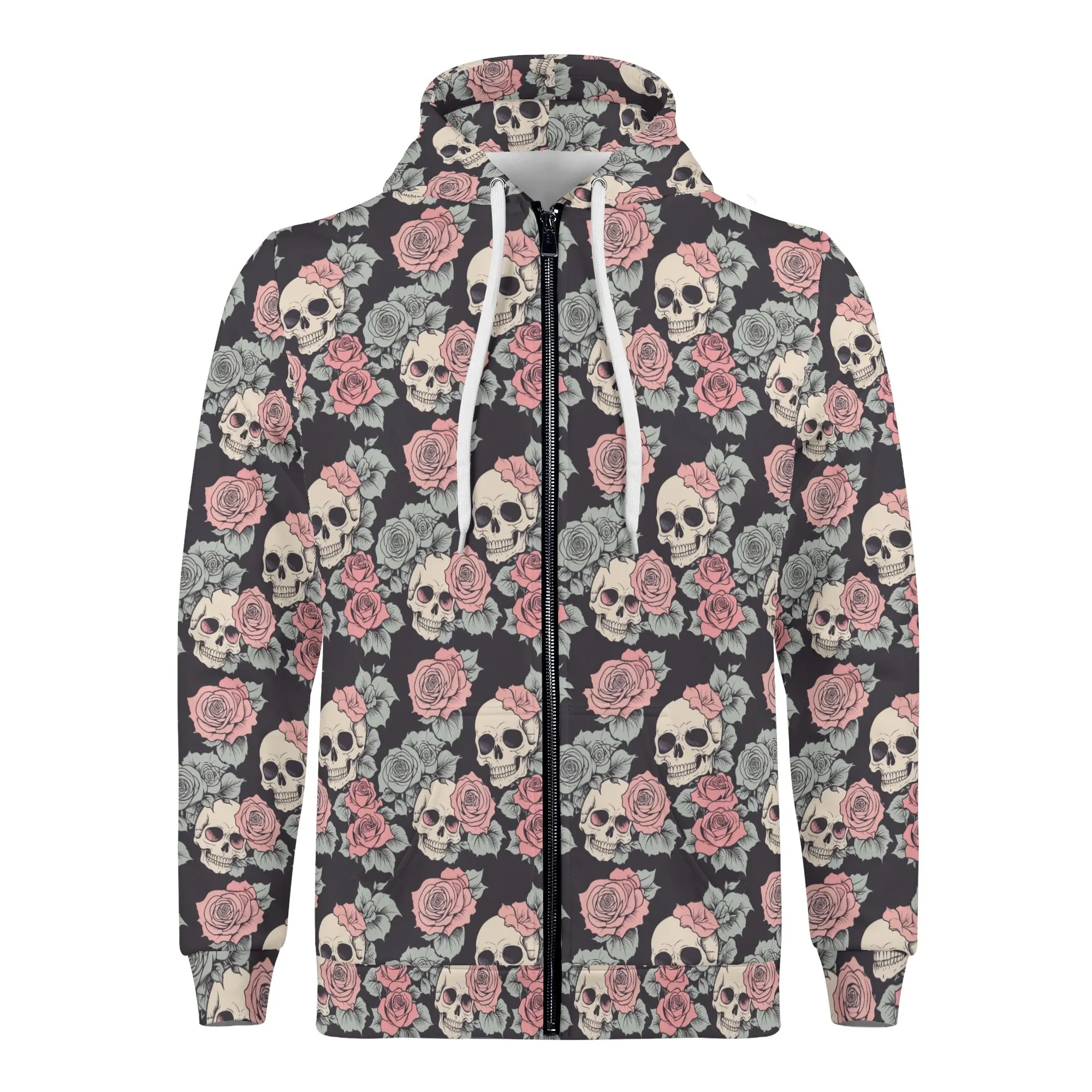 Mens Skull and Pink Rose Classic Zip Up Hoodie Warm Jacket