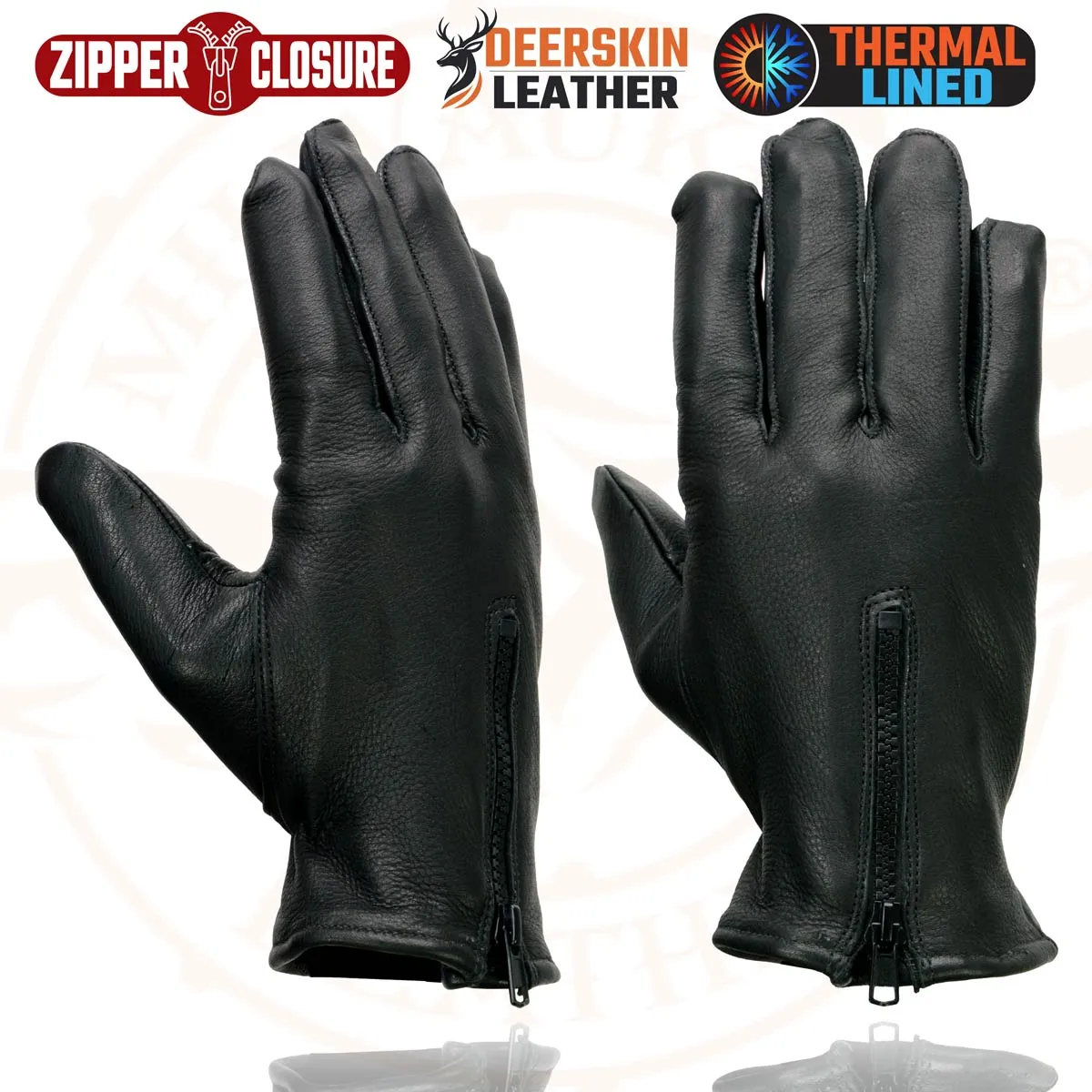 Milwaukee Leather SH866 Men's Black Thermal Lined Deerskin Leather Motorcycle Gloves w/ Zipper Closure