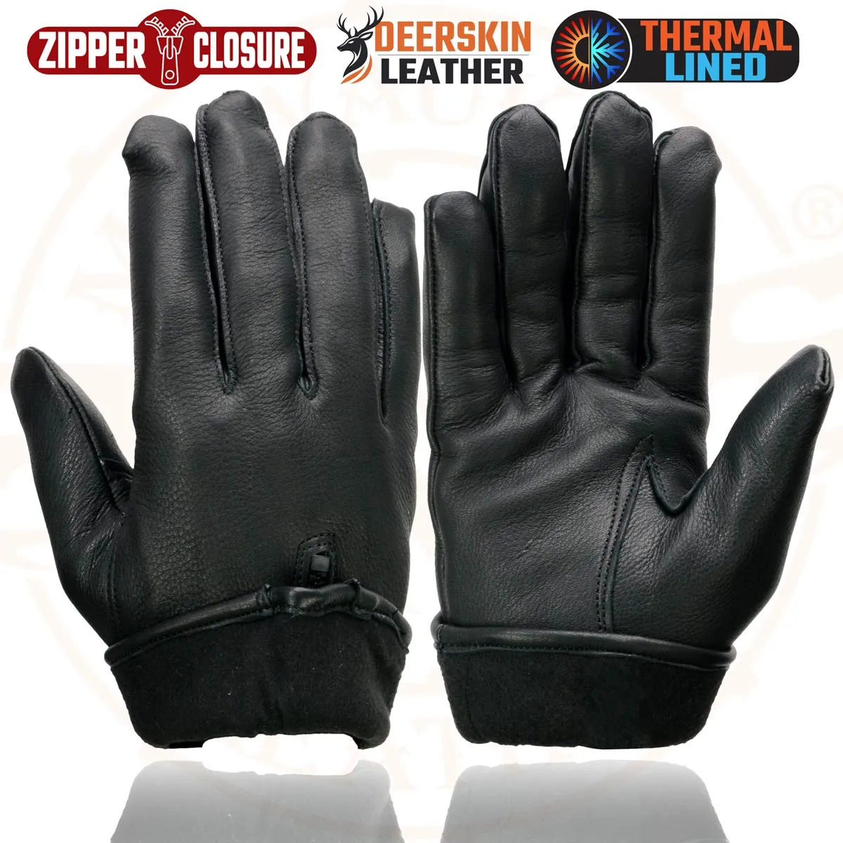 Milwaukee Leather SH866 Men's Black Thermal Lined Deerskin Leather Motorcycle Gloves w/ Zipper Closure