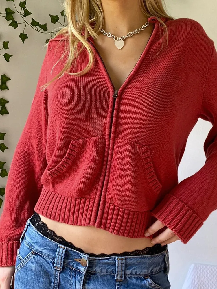 Winter Knitted Hooded Zip Up Sweater with Long Sleeves