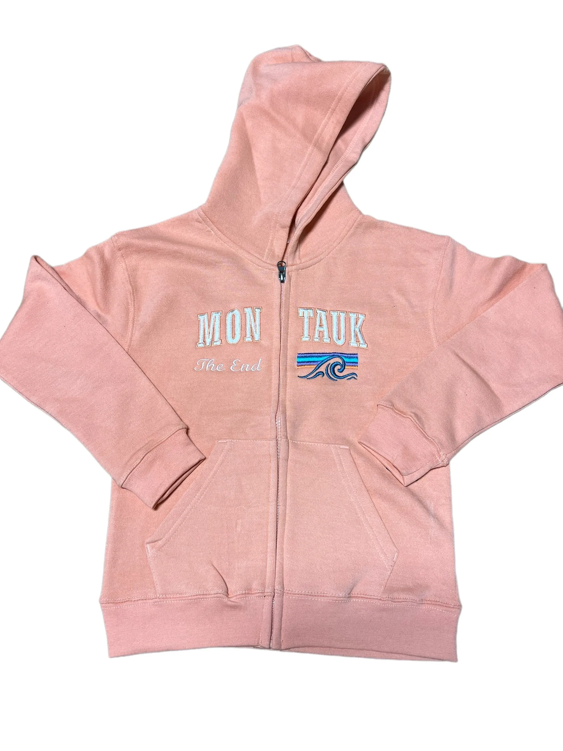 Youth Zippered Hoodie with Embroidered Montauk The End Wave in Coral